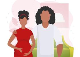 Mann und schwanger Frau. Banner auf das Thema jung Familie ist warten zum das Geburt von ein Kind. glücklich Schwangerschaft. Vektor Illustration im ein eben Stil.