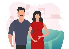 Mann und schwanger Frau. ein Poster auf das Thema von ein Kinder Dampf Jet. glücklich Schwangerschaft. Vektor im Karikatur Stil.