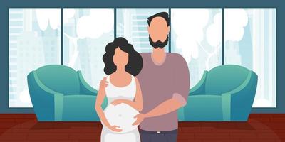 Mann und schwanger Frau. Poster auf das Thema jung Familie ist warten zum das Geburt von ein Kind. glücklich Schwangerschaft. Vektor Illustration.