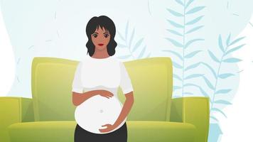 ein schwanger Frau ist halten ihr Magen. ein jung Mutter ist warten zum ein neugeboren. Karikatur Stil. vektor