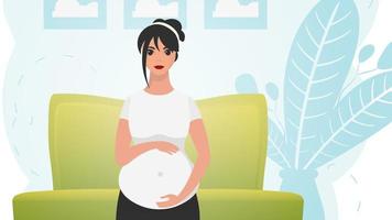 ein schwanger Frau hält ihr Bauch mit ihr Hände. ein jung Mutter ist warten zum ein neugeboren. Vektor Illustration.