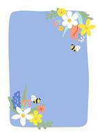 blommig vår affischer, tapet, ram, täcker, kort. vår blommor, honung bin, löv, hand dragen blommig buketter, blomma kompositioner. mödrar dag kort vektor illustration sommar ram.