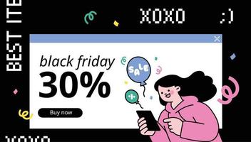 svart fredag händelse webb sida begrepp mall. en flicka är handla för försäljning handelsvaror på henne mobil. vektor