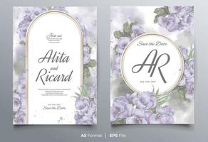 vattenfärg bröllop inbjudan kort mall med lila och grön blomma prydnad vektor