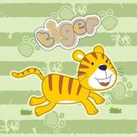 komisch Tiger Lauf auf gestreift Hintergrund, Vektor Karikatur