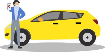 rida dela med sig förare i bil använder sig av rideshare app på mobil, uppkopplad förare med smartphone, begäran en ny taxi rida från en kund i en smartphone app. man plockning upp passagerare för uppkopplad bil vektor