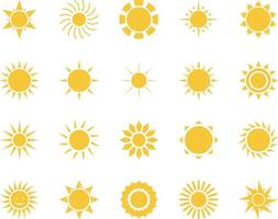 Sonne. Sommer- Zeit Symbol Satz. einstellen von Gelb Symbole von das Sonne, isoliert auf Weiß Hintergrund . vektor