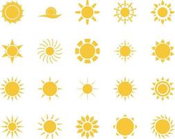 Sol. sommar tid ikon uppsättning. uppsättning av gul ikoner av de Sol, isolerat på vit bakgrund . vektor