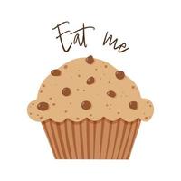 utsökt muffin med choklad bitar. de fras äta mig. tecknad serie vektor illustration.