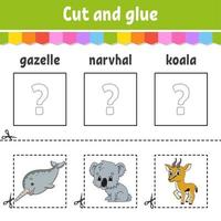 klipp och klistra. spel för barn. lära sig engelska ord. utbildning utveckla kalkylblad. sida för färgaktivitet. tecknad figur. vektor