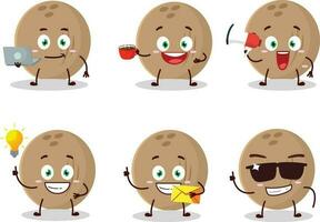 braun Kokosnuss Karikatur Charakter mit verschiedene Typen von Geschäft Emoticons vektor