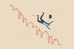 Immobilienmarktpreis-Down-Chart, Down-Turn-Homebuyer- oder Immobilieninvestitionskonzept, Geschäftsmann-Homebuyer, Investor oder Immobilienmakler, der vom Haus fällt und ein rotes Sprungdiagramm und -diagramm erstellt vektor