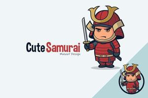 söt japansk samuraj maskot bärande katana svärd vektor