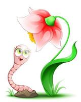 süß Karikatur komisch Wurm Mädchen spähen aus von das Boden und suchen auf Blume. vektor