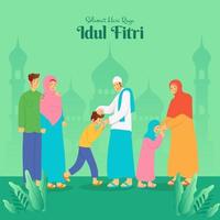 selamat hari raya idul Fitri är annan språk av Lycklig eid mubarak i indonesiska muslim familj välsignelse eid mubarak till farföräldrar på grön bakgrund vektor