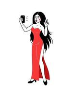 schön Frau, Mädchen im Abend Kleid nimmt ein Selfie, Fotografien Sie selber, hält ein Smartphone. Vektor Illustration isoliert auf Weiß Hintergrund. Gekritzel Stil, eben Design