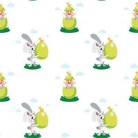 glücklich Ostern nahtlos Muster. Vektor süß Muster zum Kinder Kleidung, Textil- mit Ostern rebits und Eier. Hand gezeichnet Gekritzel Illustration. Ostern Karikatur Figuren.