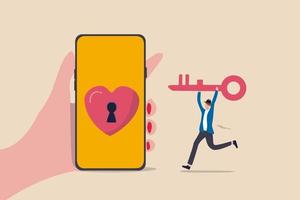 Dating-Apps, Online-Dating mit Internet und sozialen Medien, um ein romantisches Beziehungskonzept zu finden, junger erwachsener tausendjähriger Junge, der einen schönen Schlüssel hält, der zur Smartphone-App mit Herzform und Schlüsselloch läuft. vektor