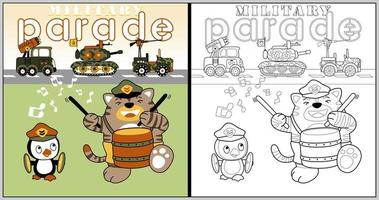 Vektor Karikatur von Militär- Parade mit Katze und Pinguin, Färbung Buch oder Seite