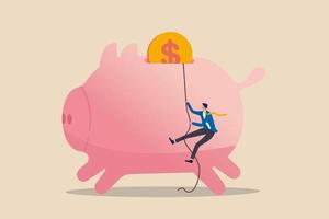 personlig finansstrategi, inkomstskatt eller investeringsmål för kontorsarbetare pension koncept, förtroende affärsman med rep för att klättra upp rosa spargris med gyllene pengar mynt som slutmål. vektor