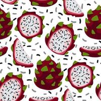 sömlös mönster med drake frukt på de bakgrund av pitaya. ritad för hand vektor illustration i platt stil för en sommar romantisk omslag, tropisk tapet, årgång textur. ljus skivad frukt
