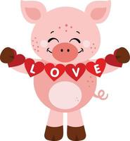 kärleksfull gris innehav en kärlek röd hjärta flagga krans vektor
