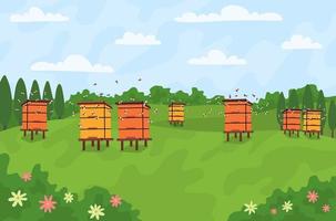 Karikatur Farbe Bienenhaus mit Biene Nesselsucht und fliegend Honigbienen Landschaft Szene Konzept. Vektor