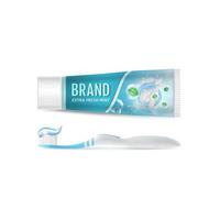 realistisk detaljerad 3d tandkräm extra färsk mynta och tandborste. vektor