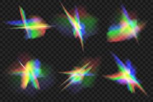 Kristall und Schmuck, Prisma, Blendung. Regenbogen glühend funkelt Vektor set.realistic Diamant Betrachtung, Regenbogen Licht optisch bewirken bunt Sammlung, hell Spektrum glühen Strahlen.