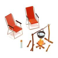 3d Camping Konzept Elemente Plastilin Karikatur Stil umfassen von falten Lager Stuhl einstellen und Topf Über Lagerfeuer. Vektor Illustration