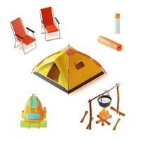 3d gehen Camping Konzept Elemente Plastilin Karikatur Stil umfassen von Lager Festzelt, falten Lager Stuhl Satz, Topf Über Lagerfeuer und Rucksack. Vektor Illustration