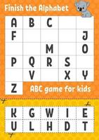 avsluta alfabetet. abc-spel för barn. klipp och klistra. utbildning utveckla kalkylblad. lärande spel för barn. sida för färgaktivitet. vektor