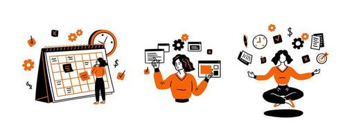 Karikatur Farbe Zeichen Frauen und produktiv Arbeitsablauf Organisation Konzept. Vektor
