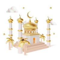 3d ramadan kareem begrepp med metall halvmåne måne och islamic moské plastin tecknad serie stil. vektor