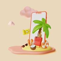 3d Smartphone auf Strand mit Tourist und Reise Ausrüstung Konzept Plastilin Karikatur Stil. Vektor