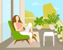 Karikatur Farbe Charakter jung Frau Sitzung auf Balkon und Trinken Kaffee. Vektor