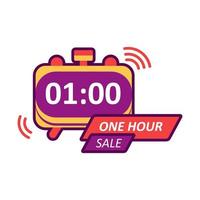 Der Umsatz Countdown Banner Vorlage zum Webseiten, online Shops mit einer Stunde Verkauf Text und Alarm Uhr. lila, rot und Gelb Banner vektor