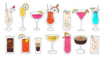 cocktail uppsättning i en minimal vektor tunn linje illustration. kosmopolitisk, gin och tonic, sex på de strand, mojito, martini, mimosa, pina colada, tequila soluppgång, blå hawaii och blodig glad.