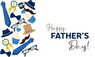 ein Banner zum glücklich Väter Tag mit ein Bild von ein Hut, Schnurrbärte, Brille und ein Tasse von Kaffee. vektor