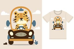 süß Tiger Fahren Auto Illustration mit T-Shirt Design Prämie Vektor