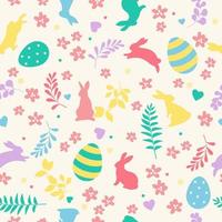 söt hand dragen påsk sömlös mönster med kaniner, blommor, påsk ägg, skön bakgrund, bra för påsk kort, baner, textilier, bakgrundsbilder. vektor