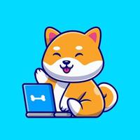 süß Shiba inu Hund mit Laptop Karikatur Vektor Symbol Illustration. Tier Technologie Symbol Konzept isoliert Prämie Vektor. eben Karikatur Stil