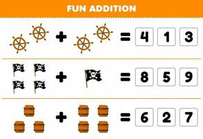 Bildung Spiel zum Kinder Spaß Zusatz durch vermuten das richtig Nummer von süß Karikatur Rad Flagge und Fass druckbar Pirat Arbeitsblatt vektor