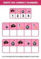 utbildning spel för barn skriva de rätt tal i de låda enligt till de söt hatt svärd bomba krok på de tabell tryckbar pirat kalkylblad vektor