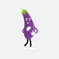 süß Aubergine Charakter Vektor Illustration. eben Aubergine Karikatur Charakter winken. minimal lila Aubergine Obst Design zum Kinder Bücher. Aubergine Karikatur Charakter