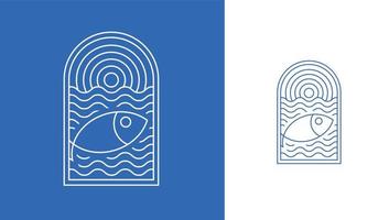 symbol i färgade glas formatera med fisk Hoppar i de hav i blå och vit färger vektor