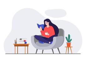 Frau entspannend beim heim. Mädchen Trinken heiß Kaffee, lesen Buch im Sessel eben Vektor Illustration. modern Vektor eben Illustration.