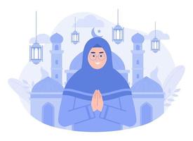 ein Frau wünscht sich glücklich Ramadan, eid al fitr Illustration. modern Vektor eben Illustration