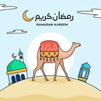 kamel med prydnad moln gående på öken- för muslim ramadan resa vektor illustration med moské himmel lykta lampa bakgrund
