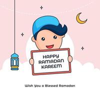 glücklich Muslim Kind halten Weiß Tafel mit glücklich Ramadan kareem Text zu feiern Muslim Fasten Veranstaltung Vektor Illustration Gliederung eben Design